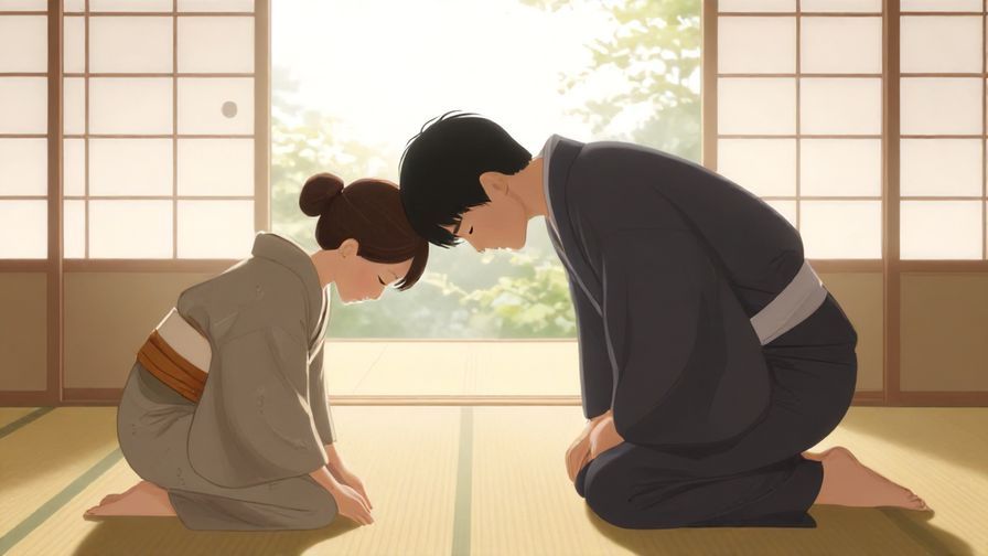 Illustration of a person bowing deeply in gratitude with soft morning light, traditional Japanese room background