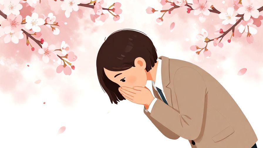 Illustration of a person bowing deeply with a hopeful expression, soft background with cherry blossoms falling