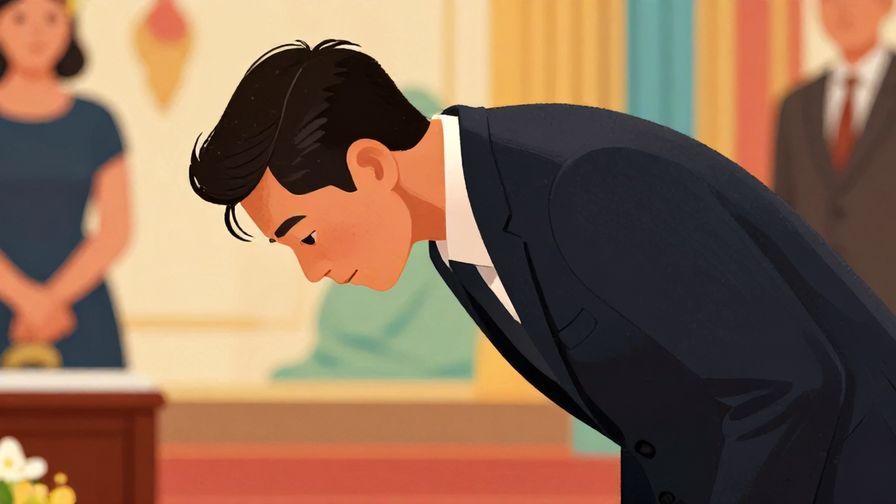 Illustration of a person bowing deeply with a sincere expression, formal setting, detailed background, vibrant colors, illustrated style