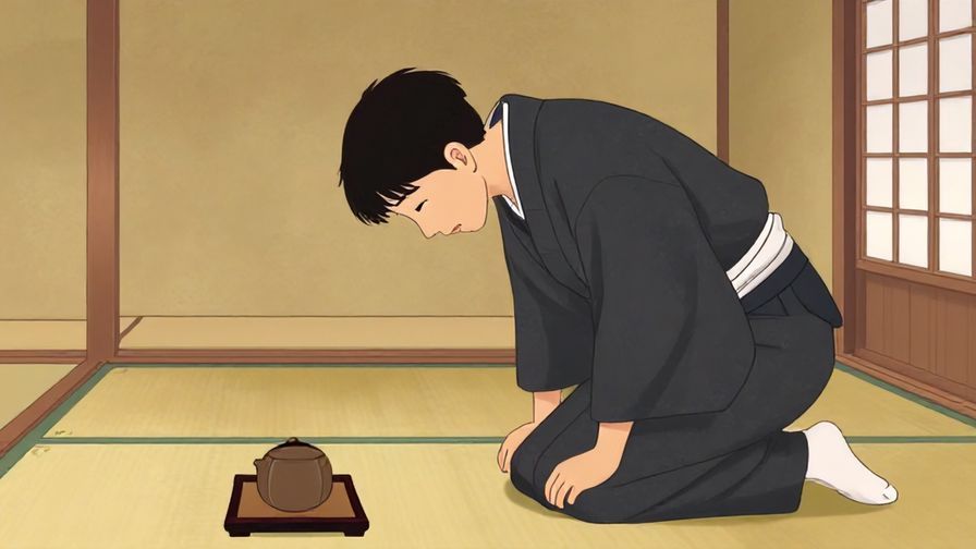 Illustration of a person bowing deeply with a sincere expression in a traditional Japanese room, warm lighting, illustrated style