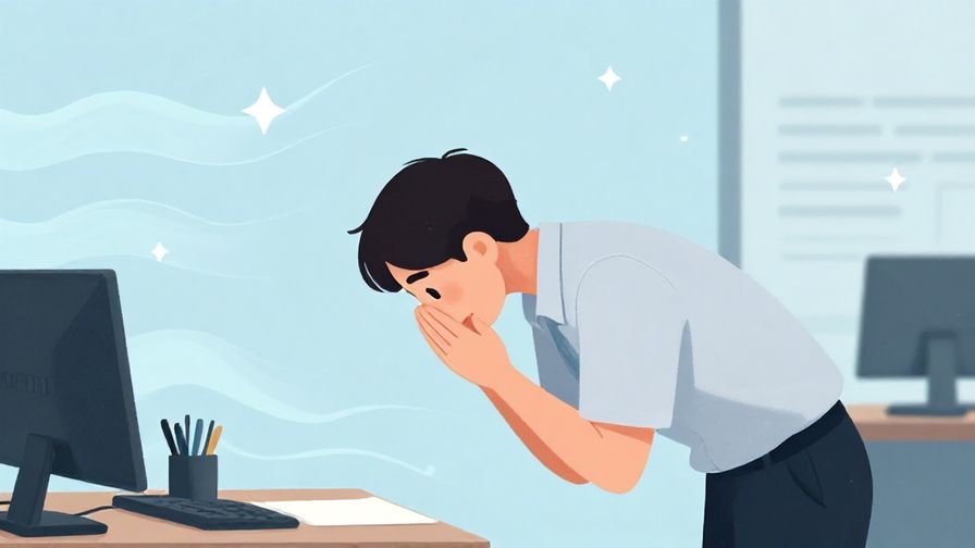 Illustration of a person bowing deeply with a sincere expression in a quiet office, surrounded by gentle waves and stars