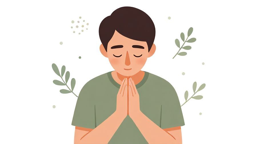 Illustration of a person bowing deeply with closed eyes and hands together in apology, surrounded by soft dots and olive branches