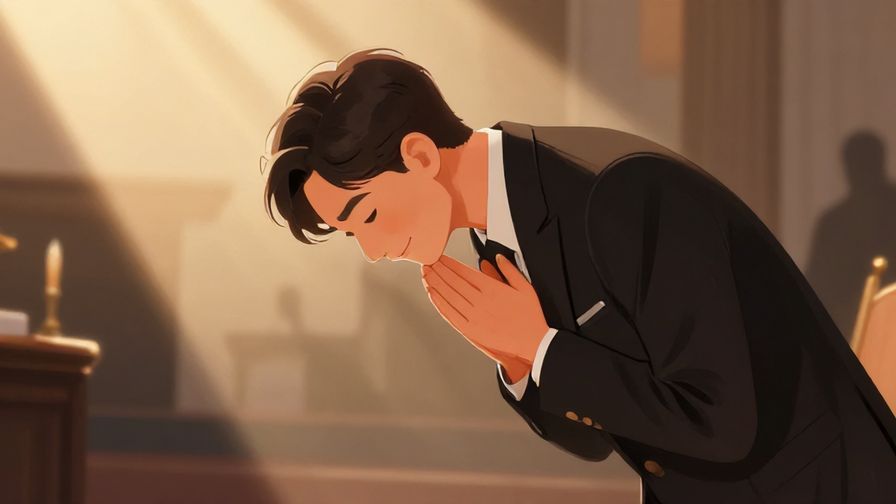 Illustration of a person bowing gently with a smile, surrounded by soft light rays, formal setting