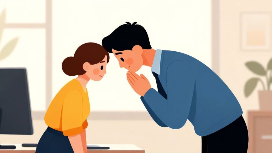 Illustration of a person bowing politely in a business environment with soft lighting and formal attire, vibrant colors, illustrated style