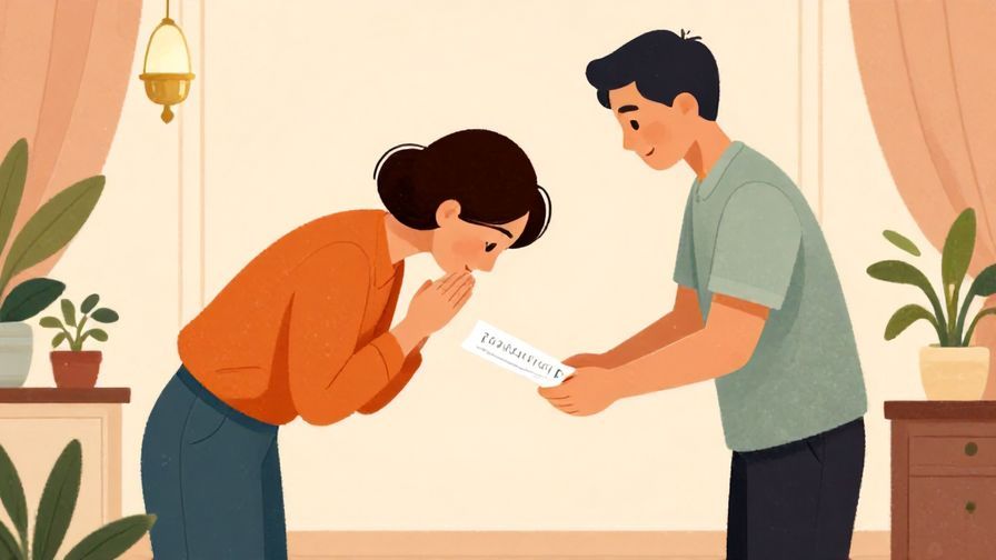 Illustration of a person bowing politely while leaving a formal gathering, with soft indoor lighting and elegant decor, vibrant colors, illustrated style