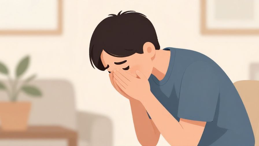 Illustration of a person bowing politely with a distressed expression, soft indoor background, calm colors, illustrated style