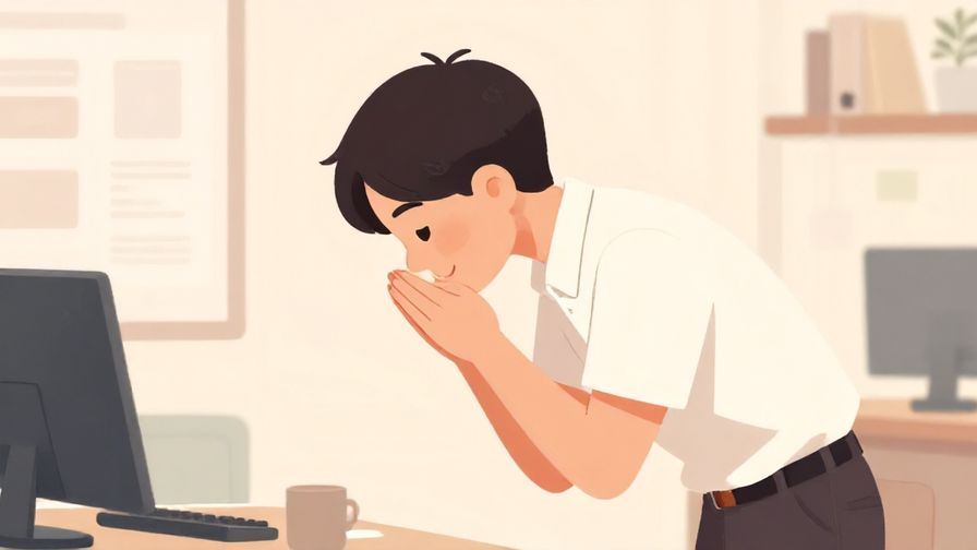 Illustration of a person bowing politely with a gentle smile, soft pastel office background