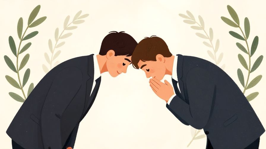 Illustration of a person bowing politely with a sincere expression in a formal setting, surrounded by olive branches and soft rays