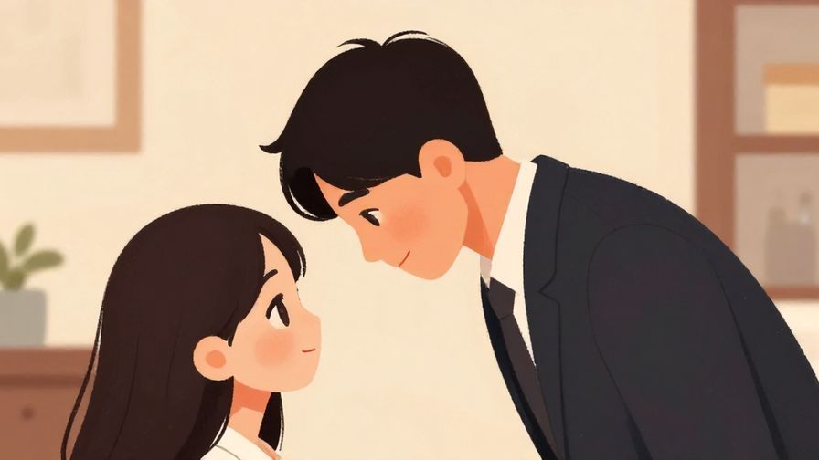 Illustration of a person bowing politely with a sincere expression, formal indoor background