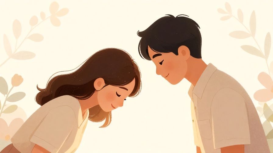 Illustration of a person bowing politely with a warm smile, surrounded by soft light and subtle floral designs