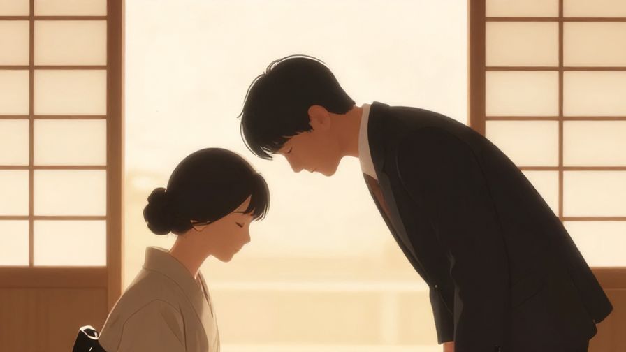 Illustration of a person bowing respectfully in a formal setting, soft light filtering through shoji screens