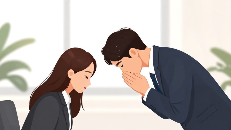 Illustration of a person bowing respectfully in a formal setting, like a business meeting or ceremony, bright lighting