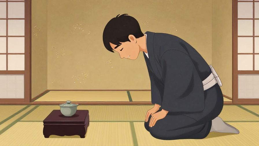 Illustration of a person bowing respectfully with a humble smile, traditional Japanese interior, warm lighting