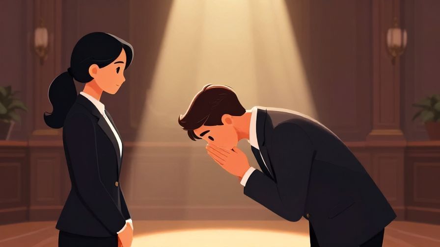 Illustration of a person bowing respectfully with light rays shining down, formal interview room setting