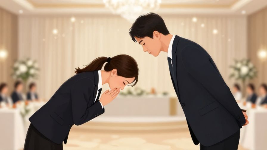 Illustration of a person bowing slightly before speaking, elegant conference room background