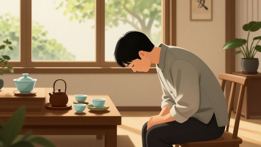 Illustration of a person bowing slightly in a tranquil tea room, soft natural light, peaceful atmosphere