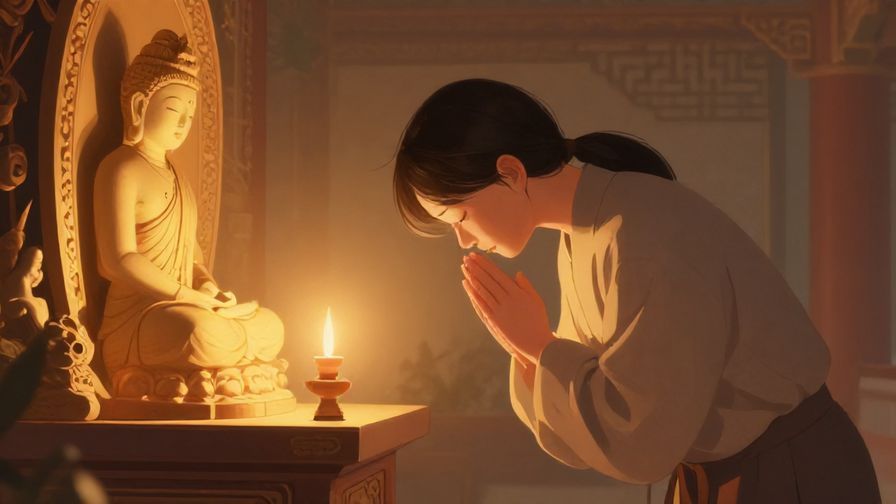 Illustration of a person bowing slightly in front of a serene shrine, offering a prayer with soft glowing light, detailed background