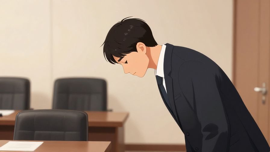 Illustration of a person bowing slightly with a calm expression in a formal meeting room