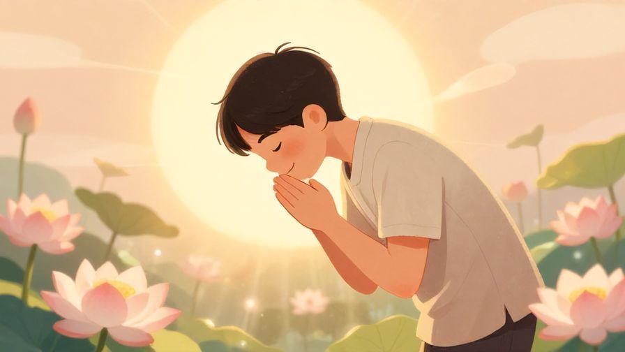Illustration of a person bowing slightly with a grateful smile, surrounded by soft sun rays and blooming lotus flowers, warm and hopeful atmosphere