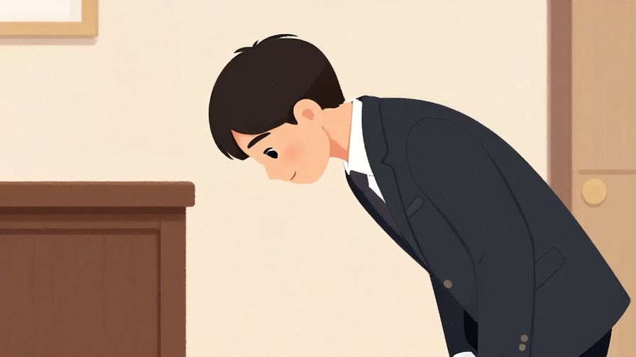 Illustration of a person bowing slightly with a humble expression in a formal room