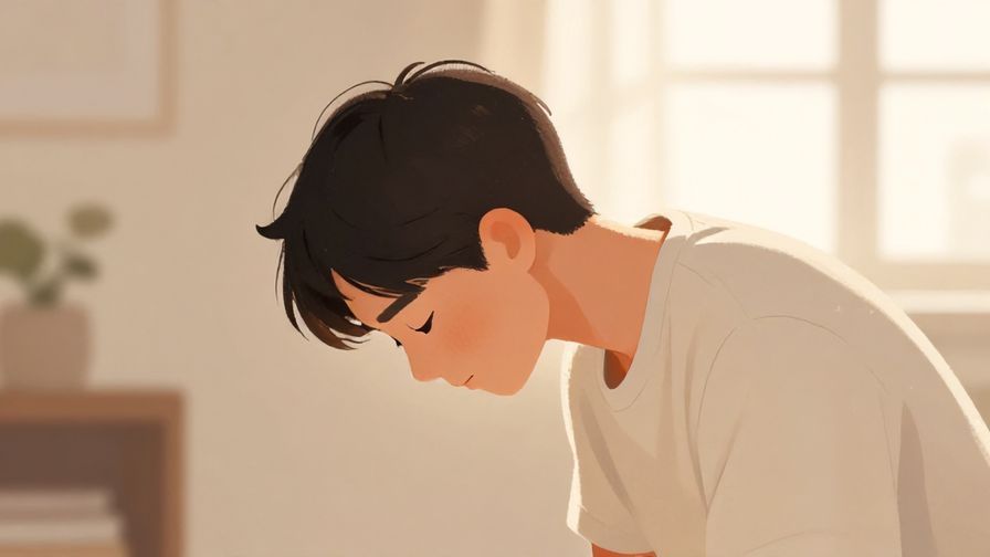 Illustration of a person bowing slightly with a humble expression, soft indoor lighting