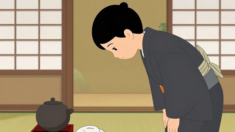 Illustration of a person bowing slightly, with a respectful expression, traditional Japanese room background