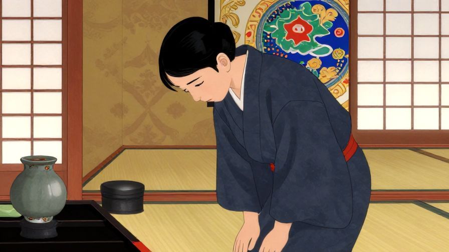 Illustration of a person bowing slightly with a serious face in a traditional Japanese room, soft lighting, detailed background, vibrant colors, illustrated style