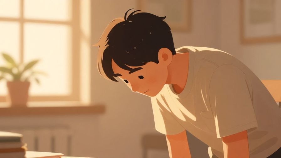 Illustration of a person bowing slightly with a sincere expression, warm indoor lighting