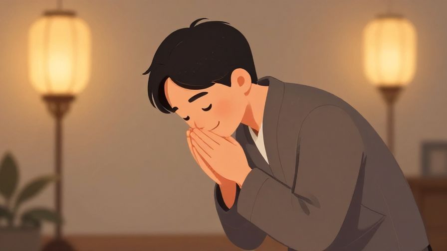 Illustration of a person bowing slightly with a sincere smile under soft glowing lantern light, peaceful and polite mood