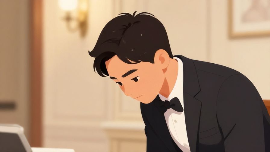 Illustration of a person bowing slightly with a sincere expression, formal indoor setting with warm lighting