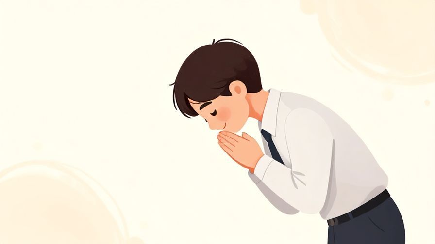 Illustration of a person bowing slightly with a smile, wearing neat attire, surrounded by soft pastel colors and gentle light, polite and encouraging vibe, illustrated style