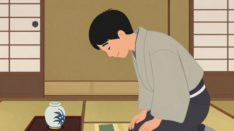 Illustration of a person bowing slightly with a warm smile, set in a traditional Japanese room, muted colors