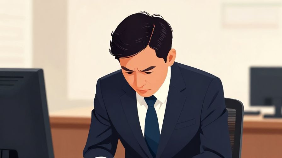 Illustration of a person bowing with a serious but polite face, formal office background, vibrant colors, illustrated style