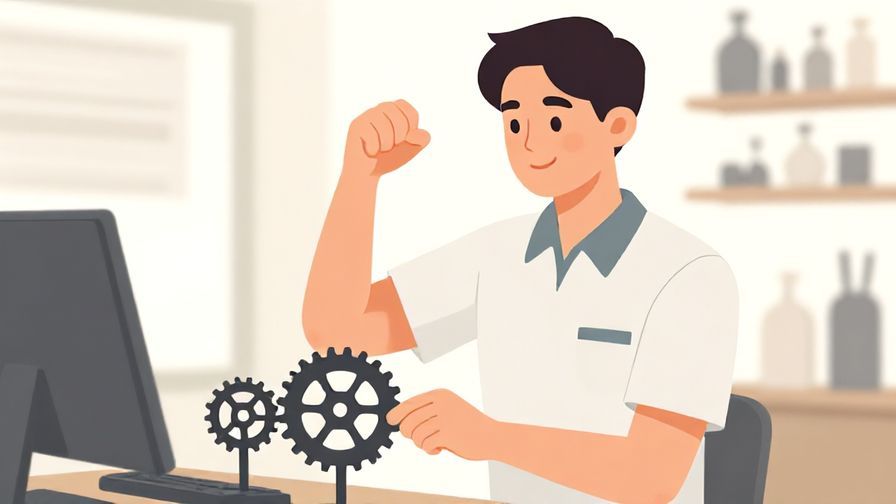 Illustration of a person calmly adjusting gears with a flexible smile, professional and serene setting