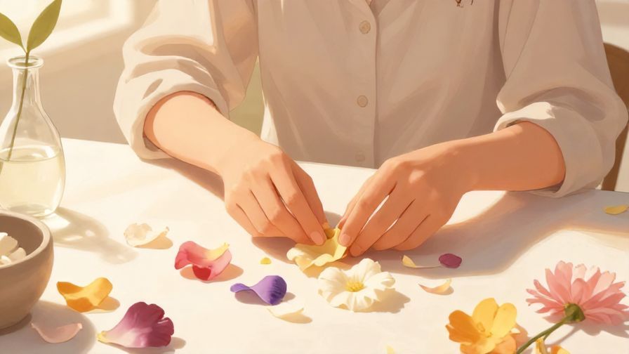 Illustration of a person calmly arranging flower petals on a table, serene indoor setting, soft light