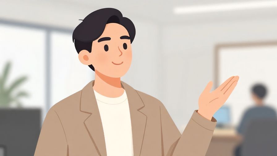 Illustration of a person calmly explaining something with a soft smile, office background with soft lighting