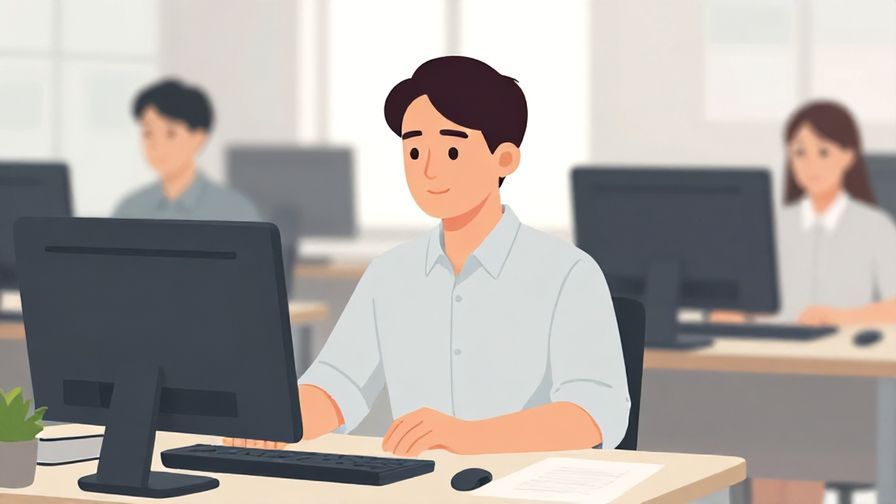 Illustration of a person calmly handling a busy situation at work, with focused expression and neat surroundings