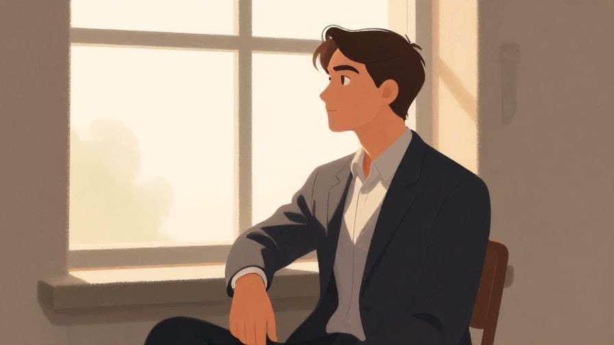 Illustration of a person calmly reflecting, seated by a window with soft natural light, formal attire