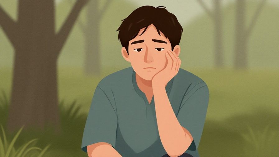 Illustration of a person calmly seated with a troubled but composed expression, soft natural background, gentle colors