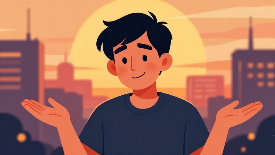 Illustration of a person calmly shrugging with a knowing smile, cityscape in the background at sunset, warm tones, vibrant colors, illustrated style