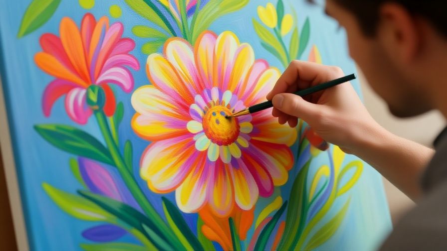Illustration of a person carefully painting a delicate flower on a canvas, symbolizing careful healing, bright vibrant colors, illustrated style
