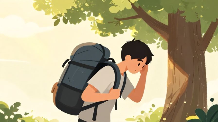 Illustration of a person carrying a heavy backpack but pausing to rest under a tree with soft sunlight filtering through leaves