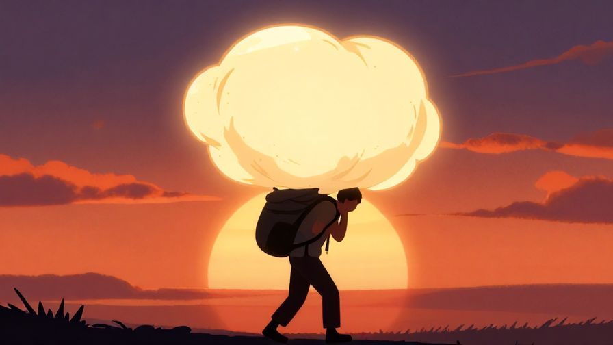 Illustration of a person carrying a large, glowing burden on their back, set against a dramatic sunset, symbolizing carrying destiny