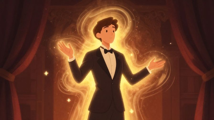 Illustration of a person casting a charming, almost magical aura in a formal setting, warm and mysterious colors