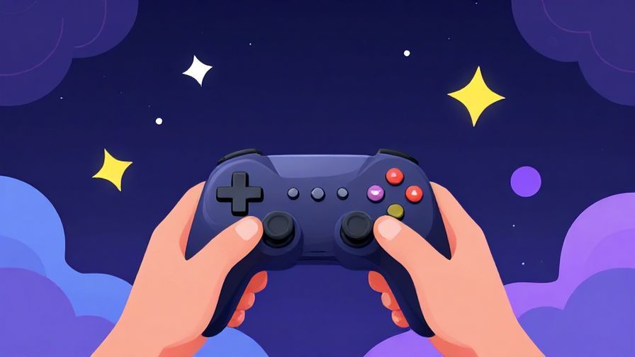 Illustration of a person celebrating with a game controller in hand, bright stars and abstract shapes around