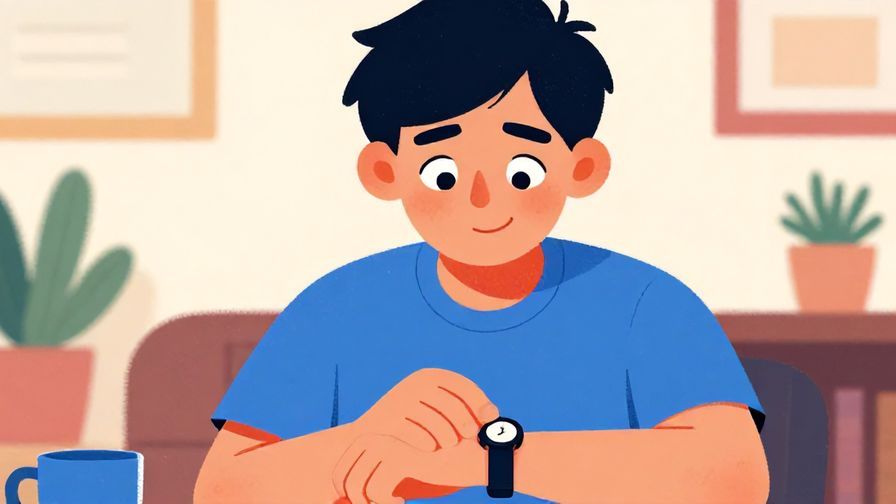 Illustration of a person checking their watch with a curious smile, soft indoor setting, vibrant colors, illustrated style