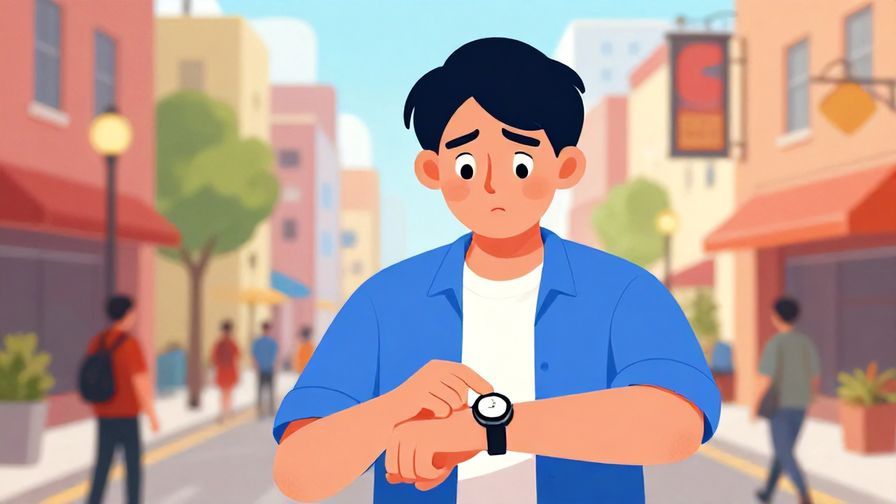 Illustration of a person checking their watch with an impatient expression, busy city street background, vibrant colors, illustrated style