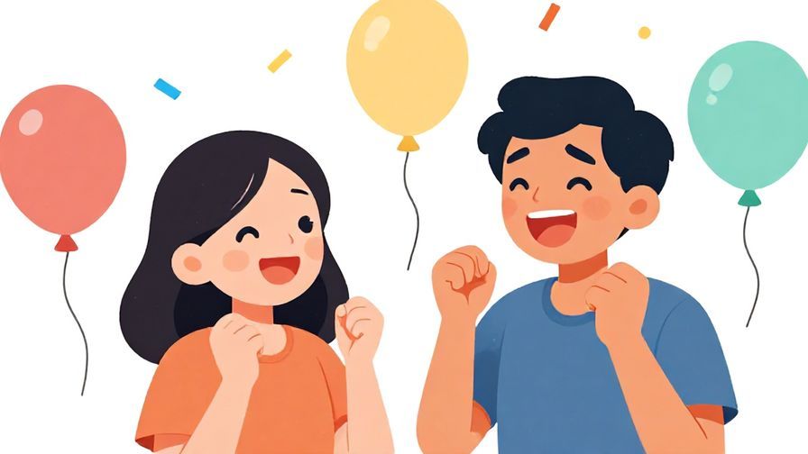 Illustration of a person cheering up another by making a funny face, both laughing together against a backdrop of colorful balloons and confetti