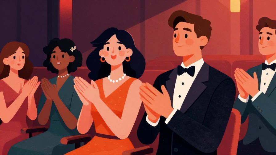 Illustration of a person clapping enthusiastically in a theater setting, elegant attire, vibrant colors, illustrated style