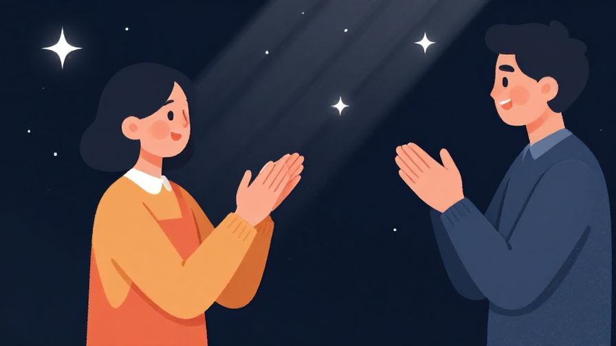 Illustration of a person clapping politely while another receives applause, background filled with stars and light rays